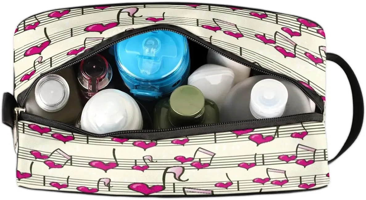Heart Music Notes Travel Toiletry Bag for Women Men Small Cosmetic Makeup Organizer Water Resistant Shaving Bag Portable Make Up Bag Storage Bags with Handle