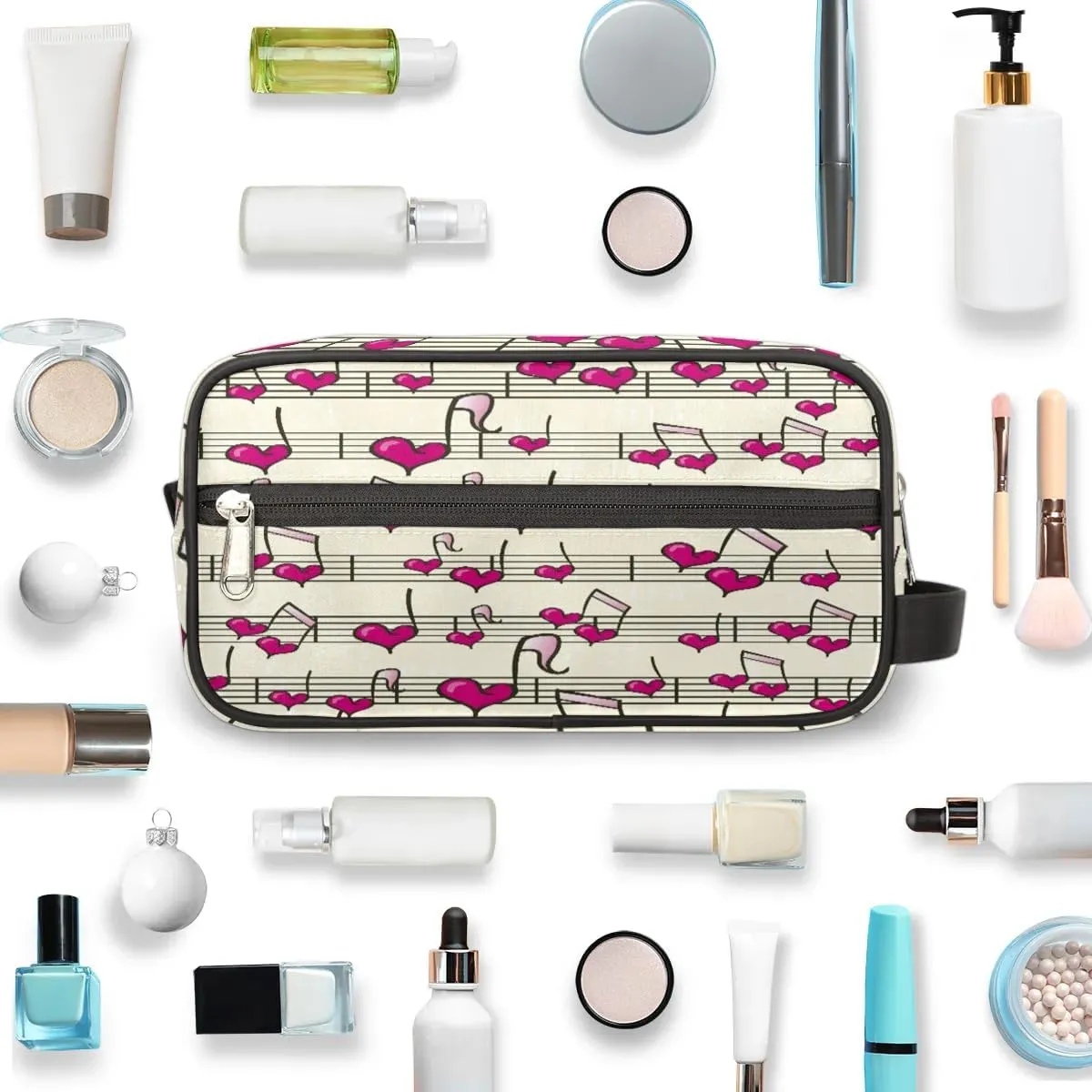 Heart Music Notes Travel Toiletry Bag for Women Men Small Cosmetic Makeup Organizer Water Resistant Shaving Bag Portable Make Up Bag Storage Bags with Handle