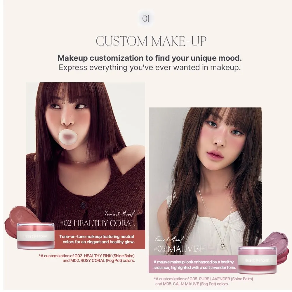 Heart Percent Dote On Mood Custom Lip & Cheek, Matte (Fog Pot)   Glow (Shine Balm) Dual Type Multi-use Blush & Lip Tint [#03. Dear Pink]
