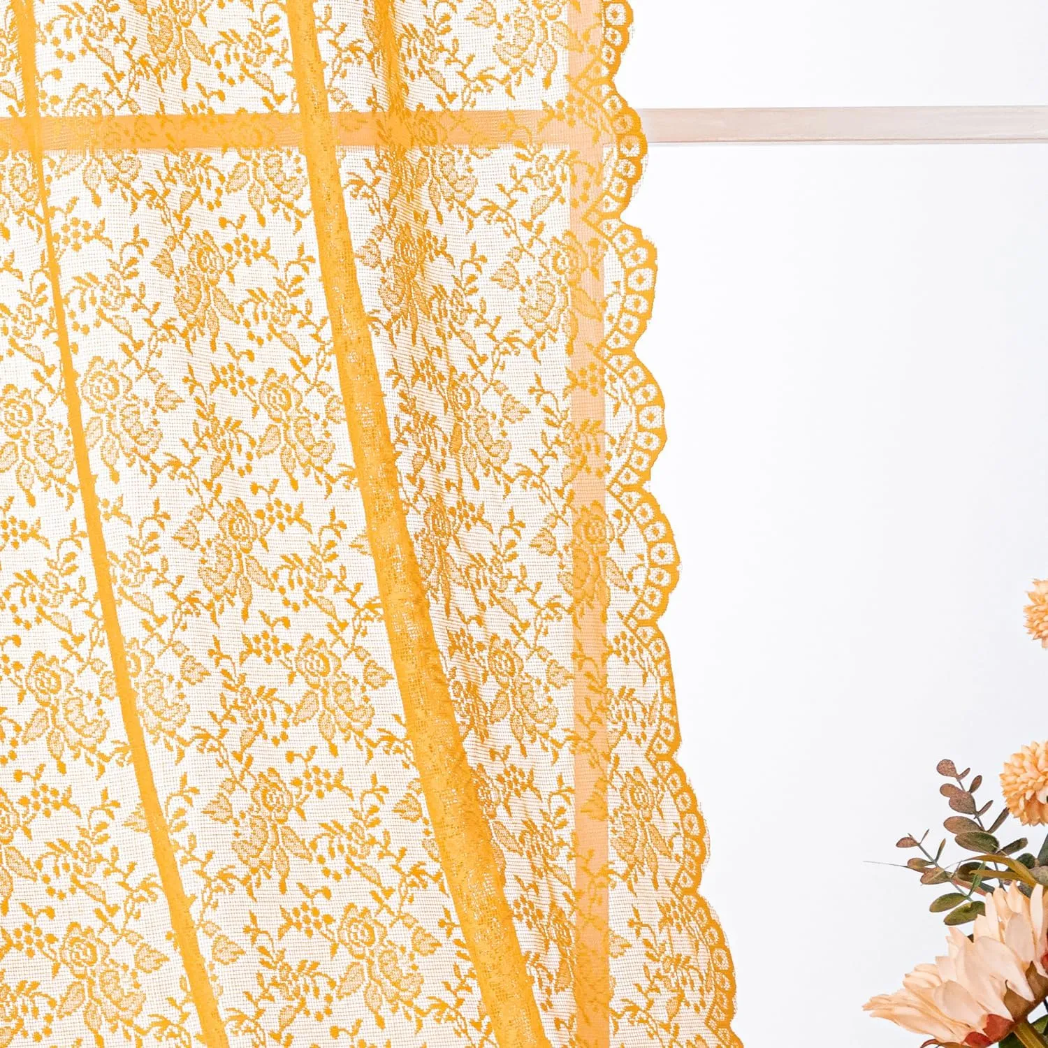 H.ebony Mustard Yellow Sheer Lace Curtains 84 Inches Long, 2 Panels Country Rustic Floral Gold Rose Lace Sheer Curtains for Living Room, Rod Pocket Privacy Woven Lace Curtain Drapes, 52 x 84 Inch