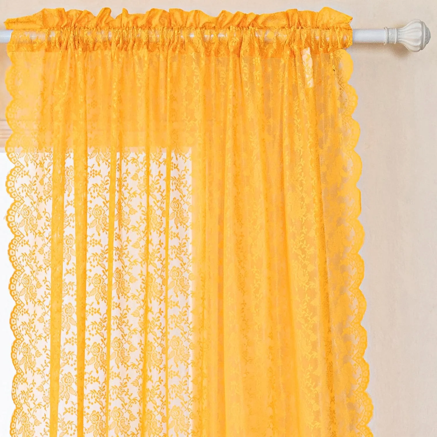 H.ebony Mustard Yellow Sheer Lace Curtains 84 Inches Long, 2 Panels Country Rustic Floral Gold Rose Lace Sheer Curtains for Living Room, Rod Pocket Privacy Woven Lace Curtain Drapes, 52 x 84 Inch
