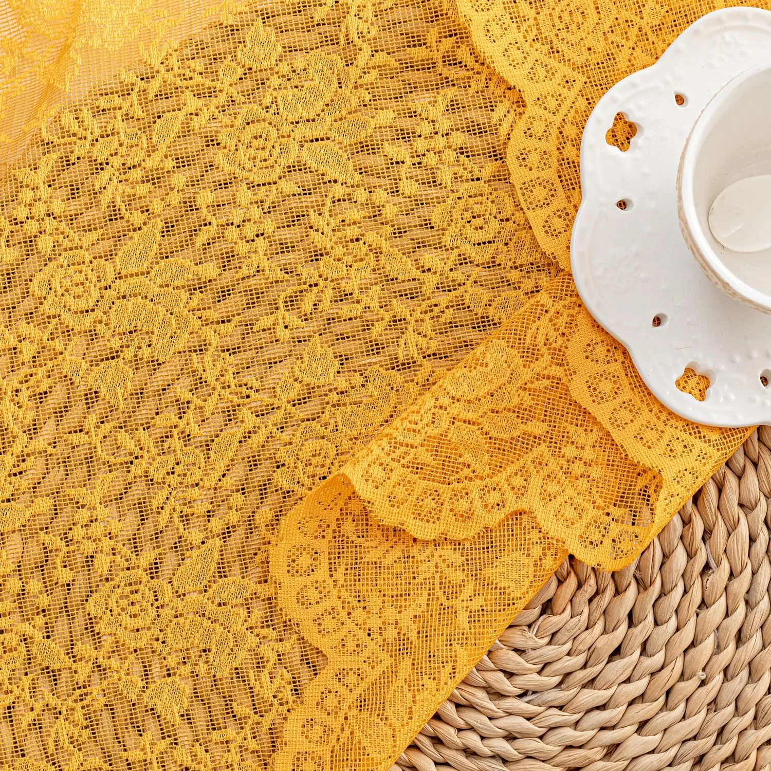 H.ebony Mustard Yellow Sheer Lace Curtains 84 Inches Long, 2 Panels Country Rustic Floral Gold Rose Lace Sheer Curtains for Living Room, Rod Pocket Privacy Woven Lace Curtain Drapes, 52 x 84 Inch