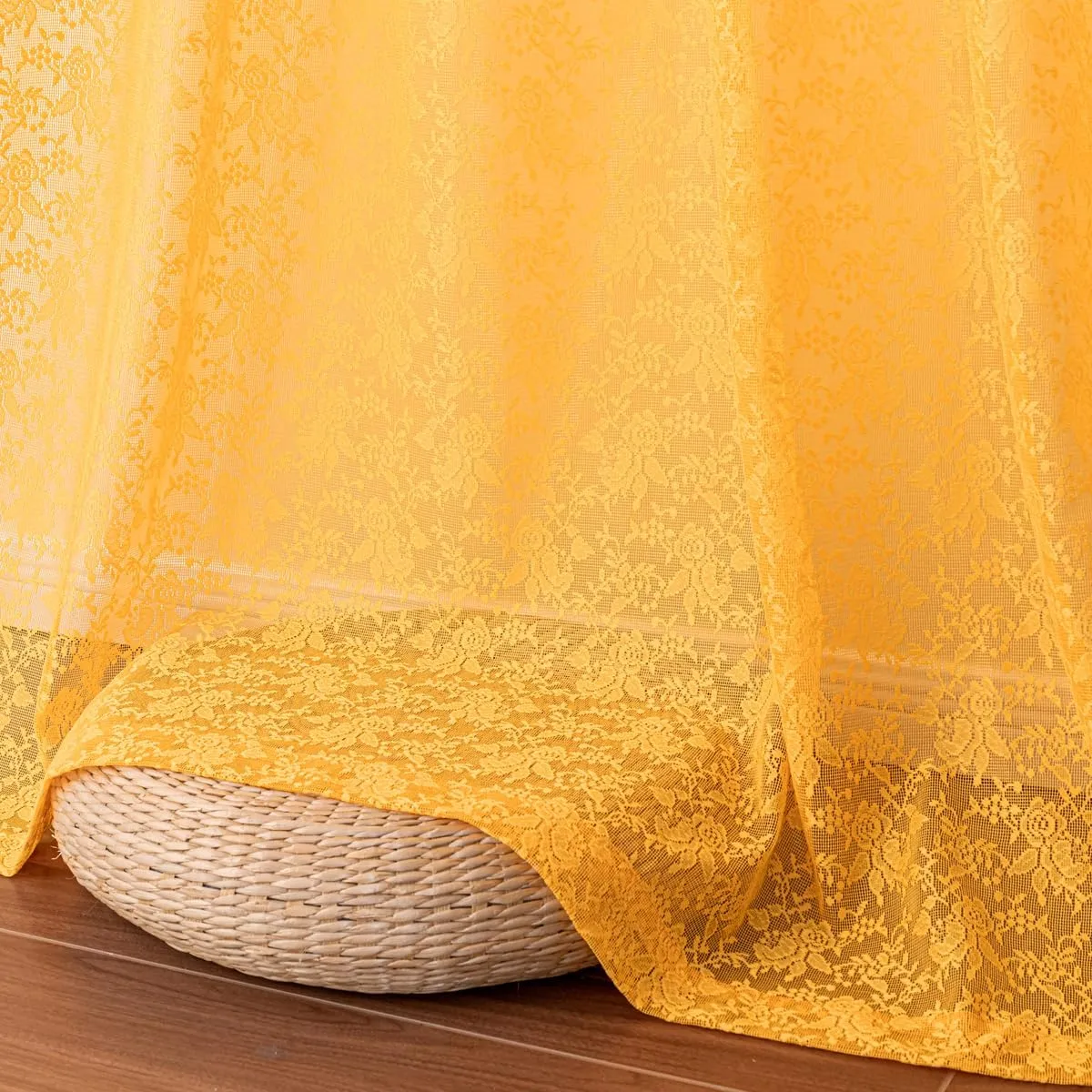 H.ebony Mustard Yellow Sheer Lace Curtains 84 Inches Long, 2 Panels Country Rustic Floral Gold Rose Lace Sheer Curtains for Living Room, Rod Pocket Privacy Woven Lace Curtain Drapes, 52 x 84 Inch