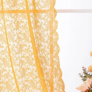 H.ebony Mustard Yellow Sheer Lace Curtains 84 Inches Long, 2 Panels Country Rustic Floral Gold Rose Lace Sheer Curtains for Living Room, Rod Pocket Privacy Woven Lace Curtain Drapes, 52 x 84 Inch