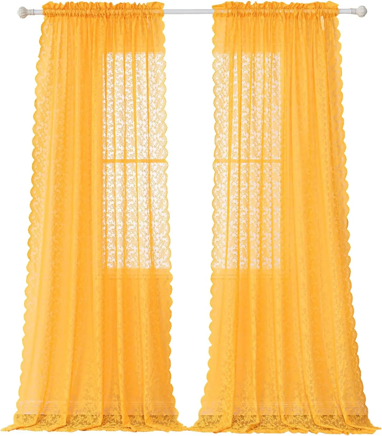 H.ebony Mustard Yellow Sheer Lace Curtains 84 Inches Long, 2 Panels Country Rustic Floral Gold Rose Lace Sheer Curtains for Living Room, Rod Pocket Privacy Woven Lace Curtain Drapes, 52 x 84 Inch