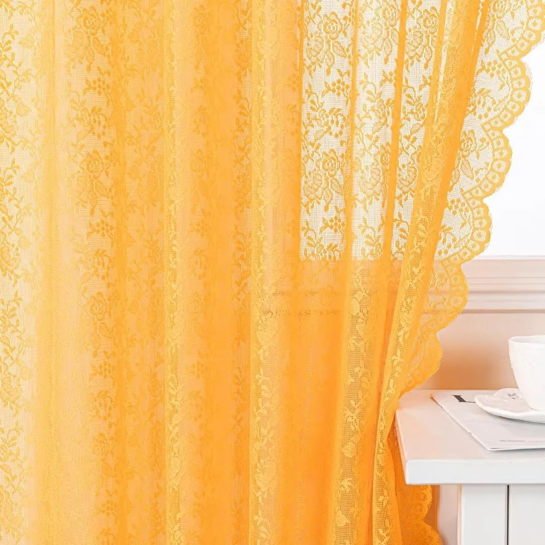 H.ebony Mustard Yellow Sheer Lace Curtains 84 Inches Long, 2 Panels Country Rustic Floral Gold Rose Lace Sheer Curtains for Living Room, Rod Pocket Privacy Woven Lace Curtain Drapes, 52 x 84 Inch
