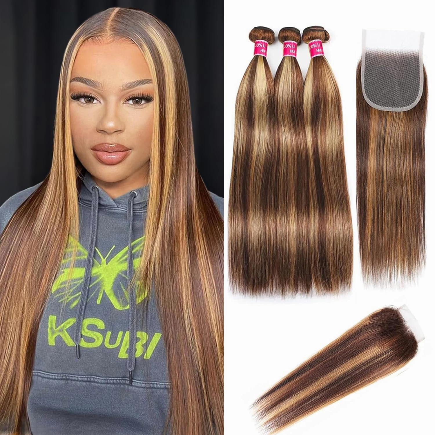 Highlight Ombre Bundles with Closure 18 20 22 18inch 10A Grade 100% Brazilian Virgin Hair Weave Straight Brown Bundles with Blosure Buman Bair P4/27 Colored 3 Bundle
