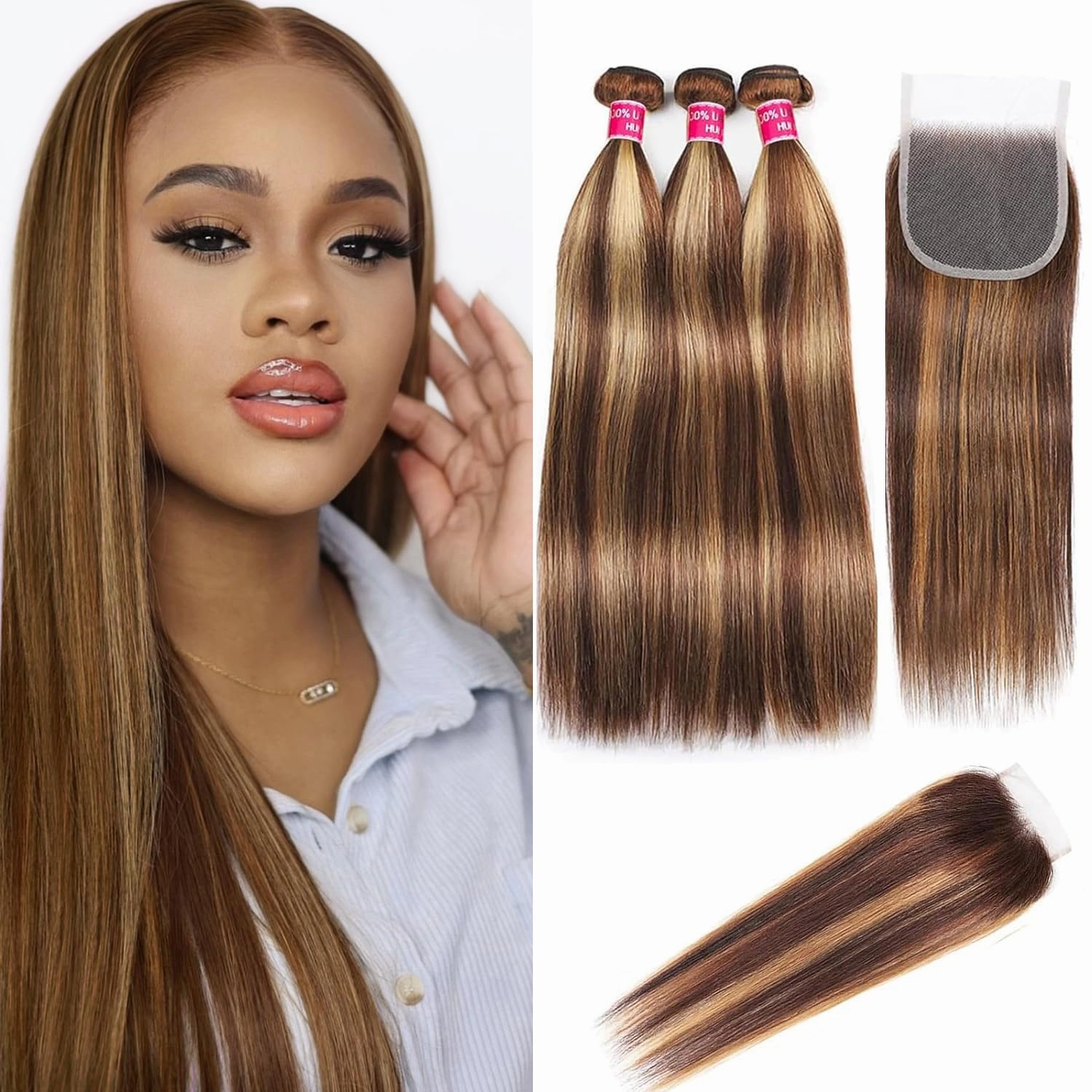 Highlight Ombre Bundles with Closure 18 20 22 18inch 10A Grade 100% Brazilian Virgin Hair Weave Straight Brown Bundles with Blosure Buman Bair P4/27 Colored 3 Bundle