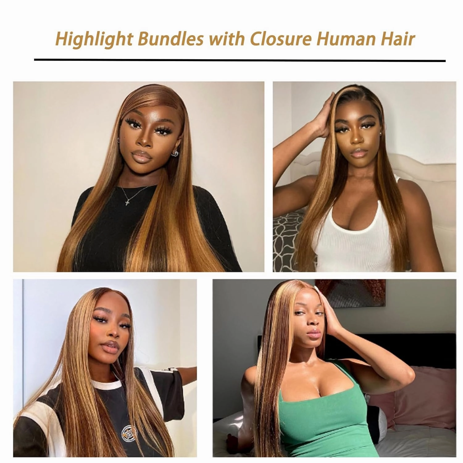 Highlight Ombre Bundles with Closure 18 20 22 18inch 10A Grade 100% Brazilian Virgin Hair Weave Straight Brown Bundles with Blosure Buman Bair P4/27 Colored 3 Bundle