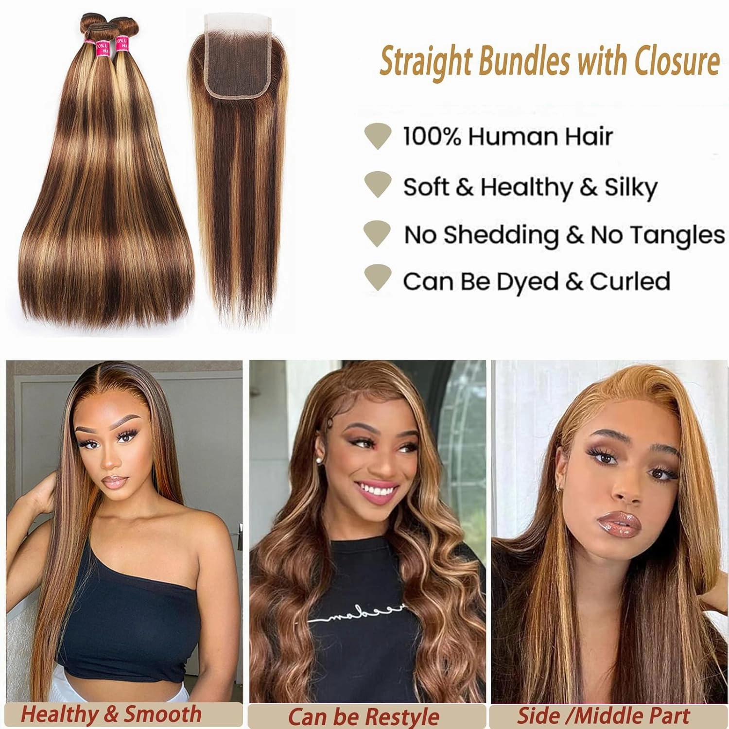 Highlight Ombre Bundles with Closure 18 20 22 18inch 10A Grade 100% Brazilian Virgin Hair Weave Straight Brown Bundles with Blosure Buman Bair P4/27 Colored 3 Bundle