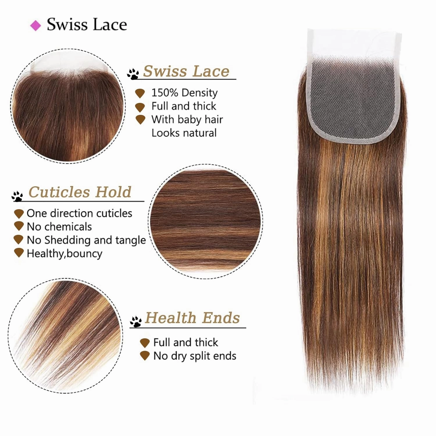 Highlight Ombre Bundles with Closure 18 20 22 18inch 10A Grade 100% Brazilian Virgin Hair Weave Straight Brown Bundles with Blosure Buman Bair P4/27 Colored 3 Bundle