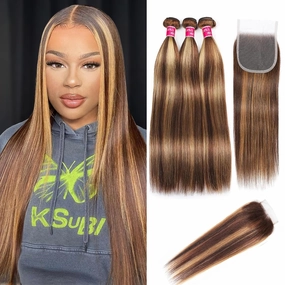 Highlight Ombre Bundles with Closure 18 20 22 18inch 10A Grade 100% Brazilian Virgin Hair Weave Straight Brown Bundles with Blosure Buman Bair P4/27 Colored 3 Bundle