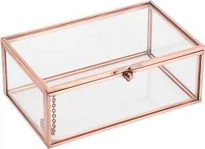 Hipiwe Vintage Glass Keepsake Box Rectangle Jewelry Display Organizer Box Vanity Lidded Box Home Decor Glass Decorative Box for Trinket Rings Earrings Bracelet,Rose Gold,Small