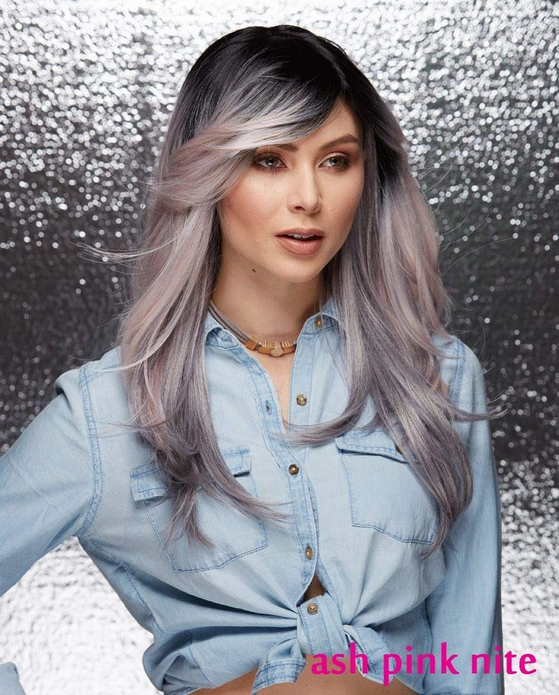 Hipster Blush Wig Color Ash Pink Nite - Sepia Wigs 2 Tone Feathered Wavy Heat Friendly Synthetic Fiber Side Swept Bangs Fantasy Sexy Costume Bundle MaxWigs Hairloss Booklet