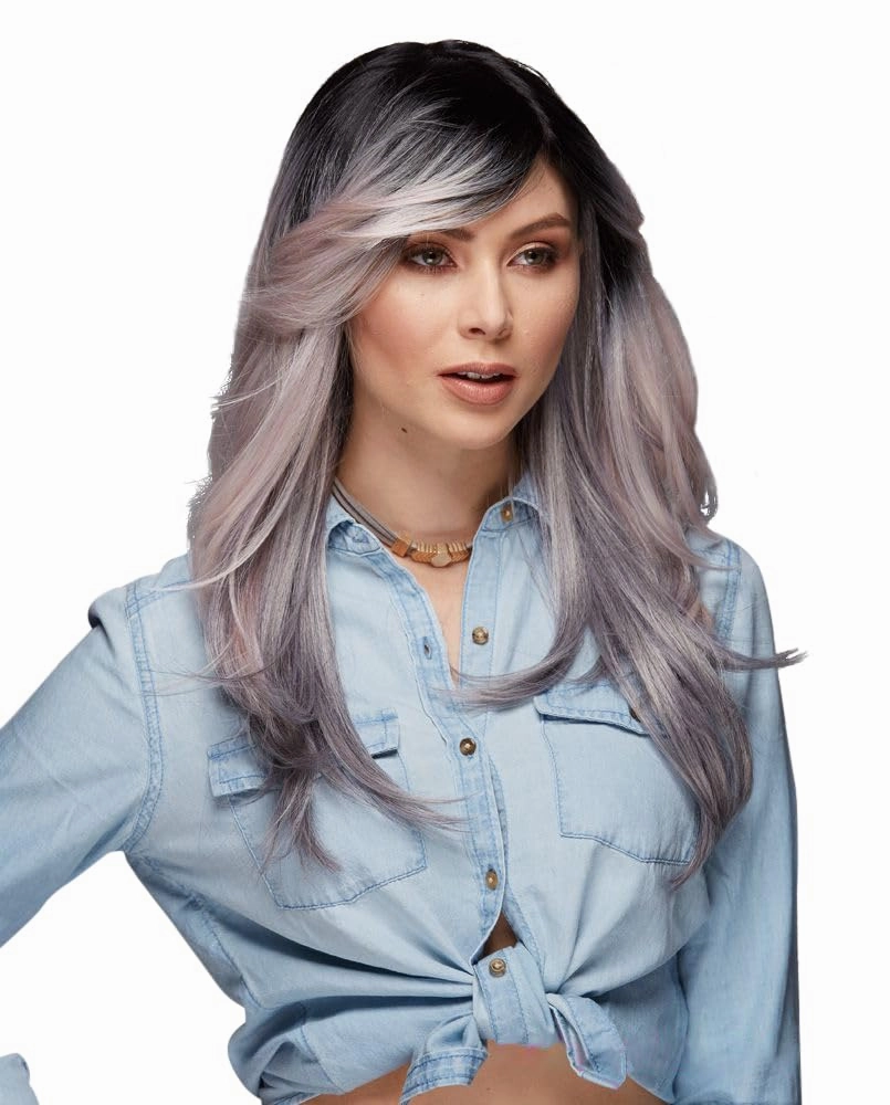 Hipster Blush Wig Color Ash Pink Nite - Sepia Wigs 2 Tone Feathered Wavy Heat Friendly Synthetic Fiber Side Swept Bangs Fantasy Sexy Costume Bundle MaxWigs Hairloss Booklet
