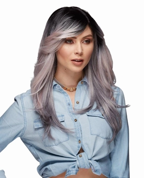 Hipster Blush Wig Color Ash Pink Nite - Sepia Wigs 2 Tone Feathered Wavy Heat Friendly Synthetic Fiber Side Swept Bangs Fantasy Sexy Costume Bundle MaxWigs Hairloss Booklet