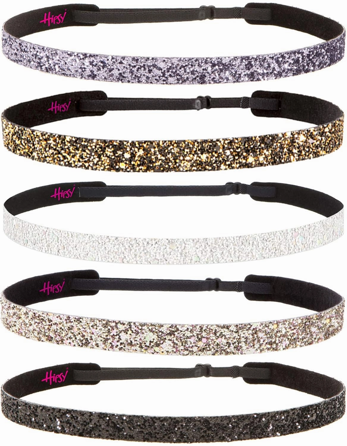 Hipsy REGULAR Size, Adjustable No Slip Sparkly Bling Glitter Skinny 5pk Headbands for Women Girls & Teens (Skinny Black/Rose Gold/Pearl/Gunmetal/Diva)
