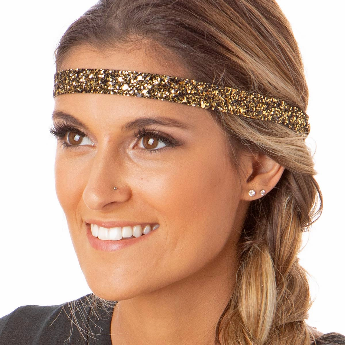 Hipsy REGULAR Size, Adjustable No Slip Sparkly Bling Glitter Skinny 5pk Headbands for Women Girls & Teens (Skinny Black/Rose Gold/Pearl/Gunmetal/Diva)