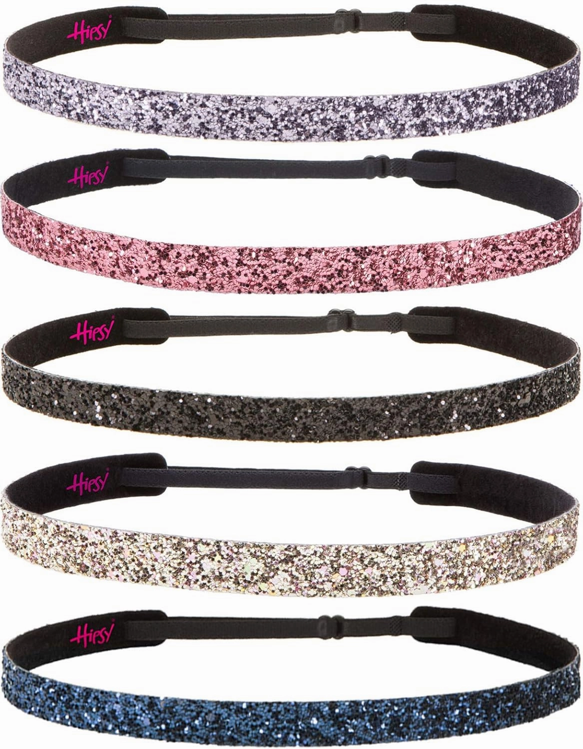 Hipsy REGULAR Size, Adjustable No Slip Sparkly Bling Glitter Skinny 5pk Headbands for Women Girls & Teens (Skinny Navy/Rose Gold/Black/Pink Rose/Gunmetal)