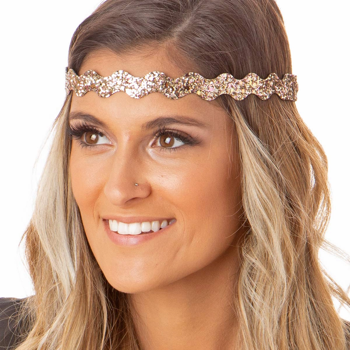 Hipsy Women's Adjustable No Slip Bling Glitter Wave Cute Headband 3-pack (Wave Brown/Black/Rose Gold 3pk)