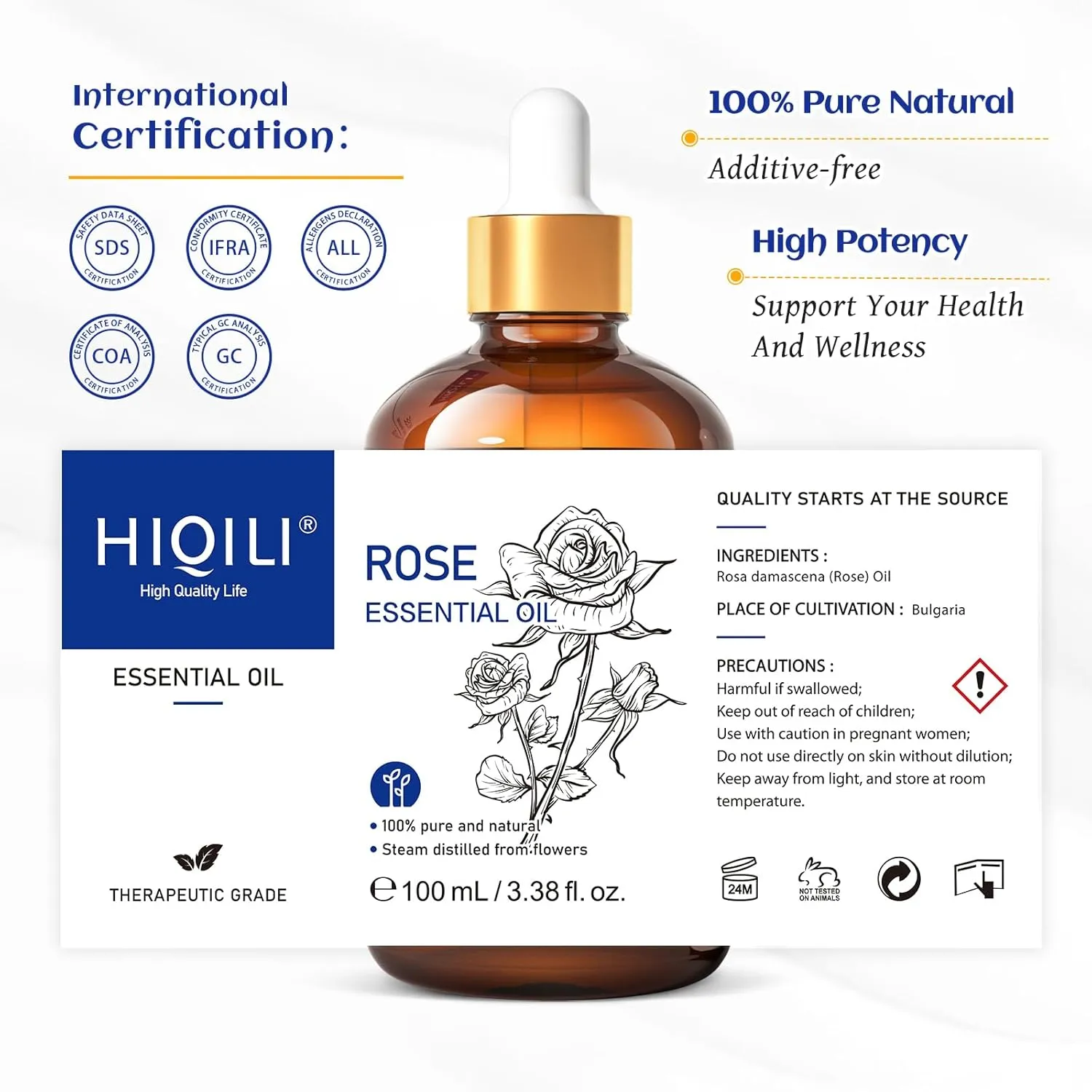 HIQILI Rose Essential Oil for Diffuser, Skin Care, Soap, Perfume & Candle Making - 3.38 Fl Oz
