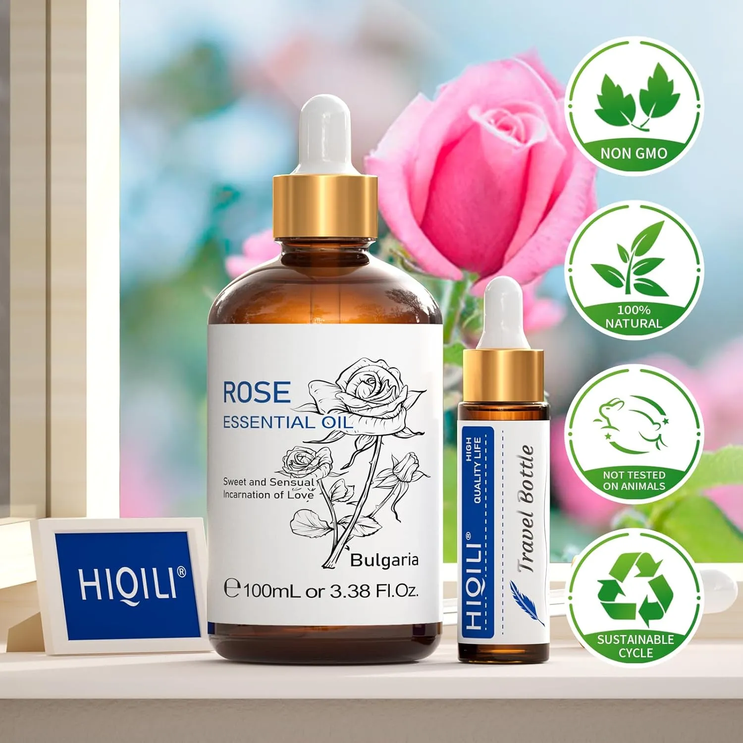 HIQILI Rose Essential Oil for Diffuser, Skin Care, Soap, Perfume & Candle Making - 3.38 Fl Oz