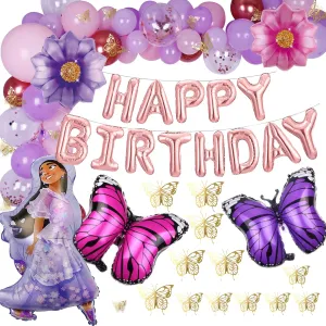 HOMEZZO Isabella Party Decorations - Rose Gold Happy Birthday Banner, Butterfly Isabella Balloon Garland Arch, 3D Butterfly Stickers for Birthday Party Supplies