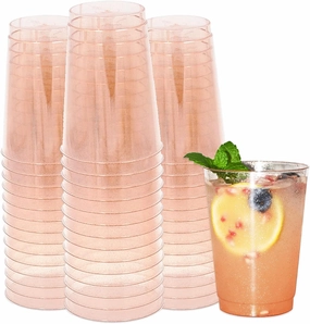 Homy Feel 12 Oz Rose Gold Glitter Plastic Cups - 50PCS Disposable Cocktail & Wine Cups for Wedding Party & Valentine's Day
