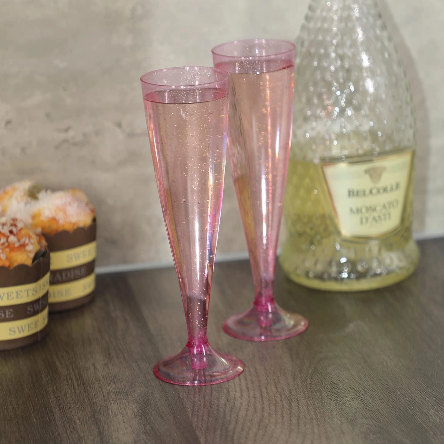Homy Feel Pink Glitter Plastic Pink Wine Glasses 30 Pack,5 OZ Champagne Flutes Disposable for Party,Plastic Champagne Flutes,Mimosa Bar Glasse Supplies