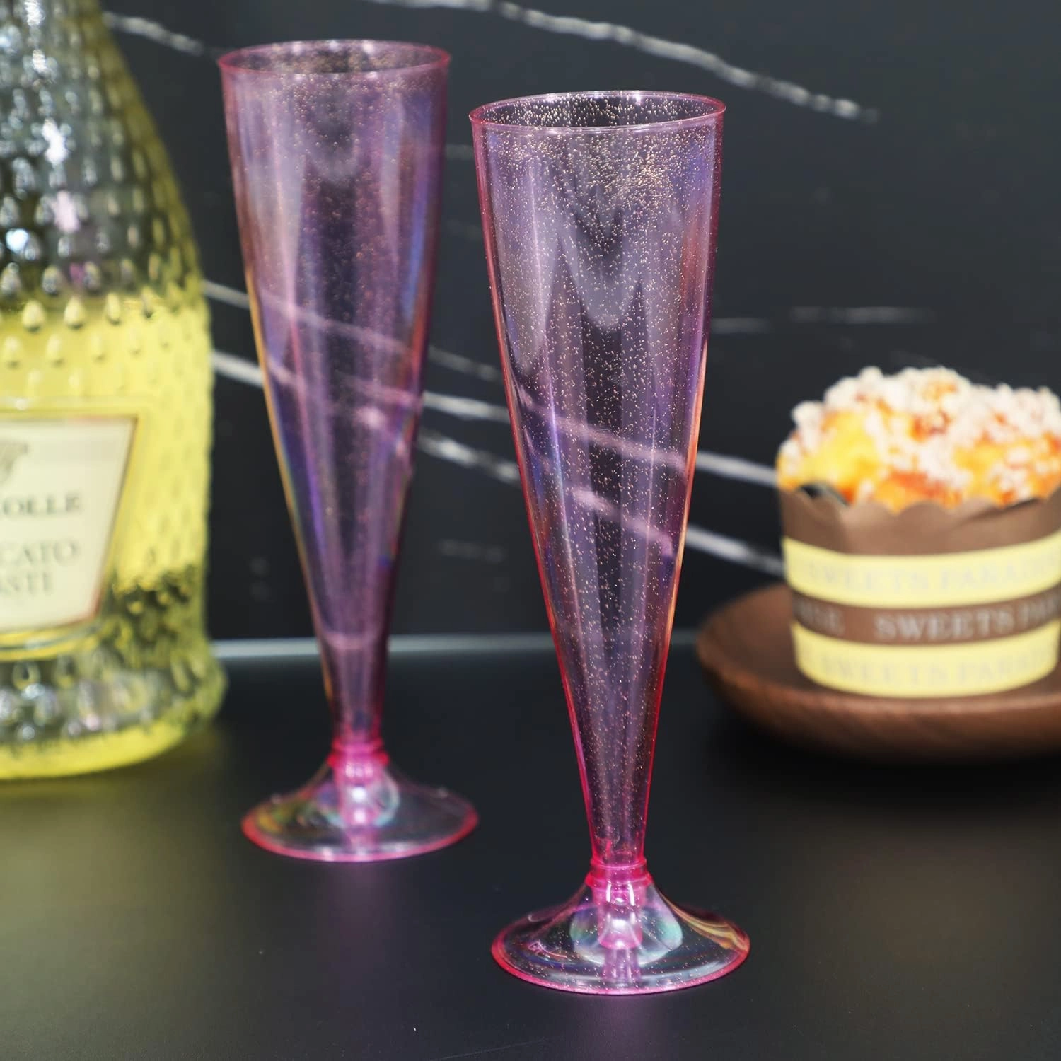 Homy Feel Pink Glitter Plastic Pink Wine Glasses 30 Pack,5 OZ Champagne Flutes Disposable for Party,Plastic Champagne Flutes,Mimosa Bar Glasse Supplies