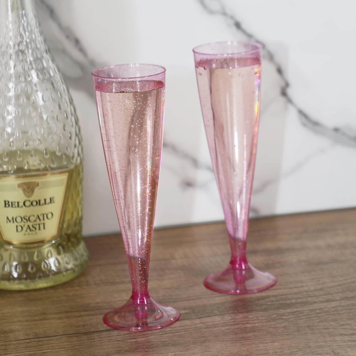 Homy Feel Pink Glitter Plastic Pink Wine Glasses 30 Pack,5 OZ Champagne Flutes Disposable for Party,Plastic Champagne Flutes,Mimosa Bar Glasse Supplies