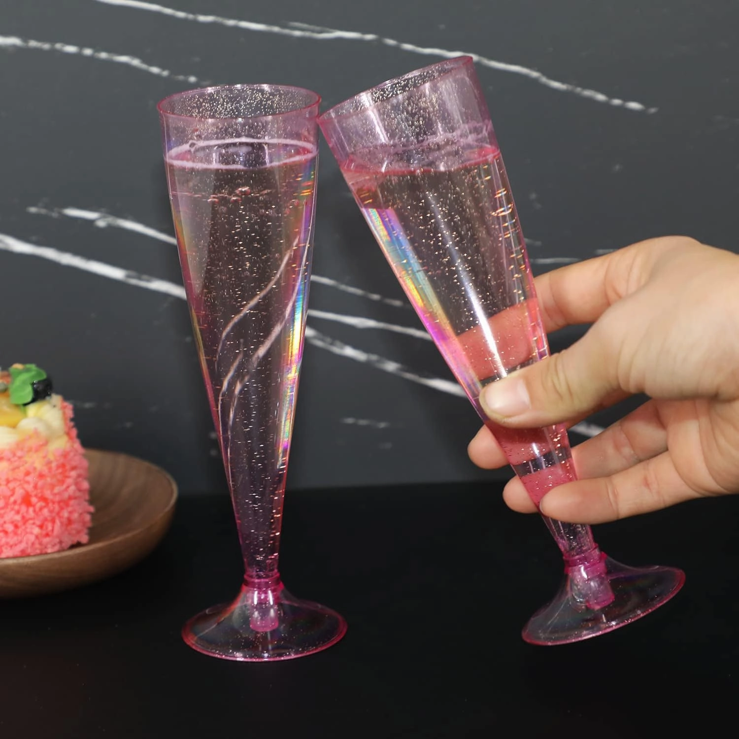 Homy Feel Pink Glitter Plastic Pink Wine Glasses 30 Pack,5 OZ Champagne Flutes Disposable for Party,Plastic Champagne Flutes,Mimosa Bar Glasse Supplies