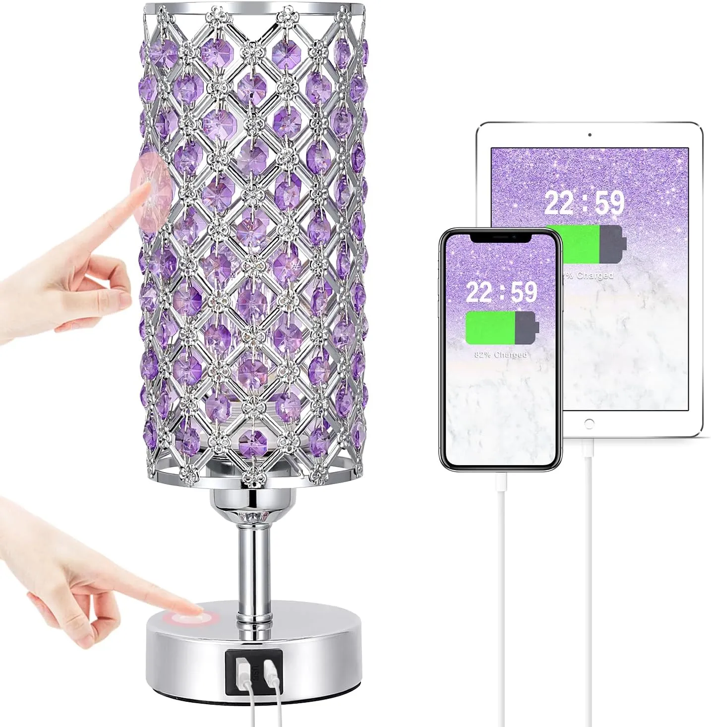 Hong-in Purple Lamp for Girls Room-Crystal Touch Lamp with USB-C A Ports,3 Way Dimmable Bedside Light with Crystal Shade for Bedroom Home Office