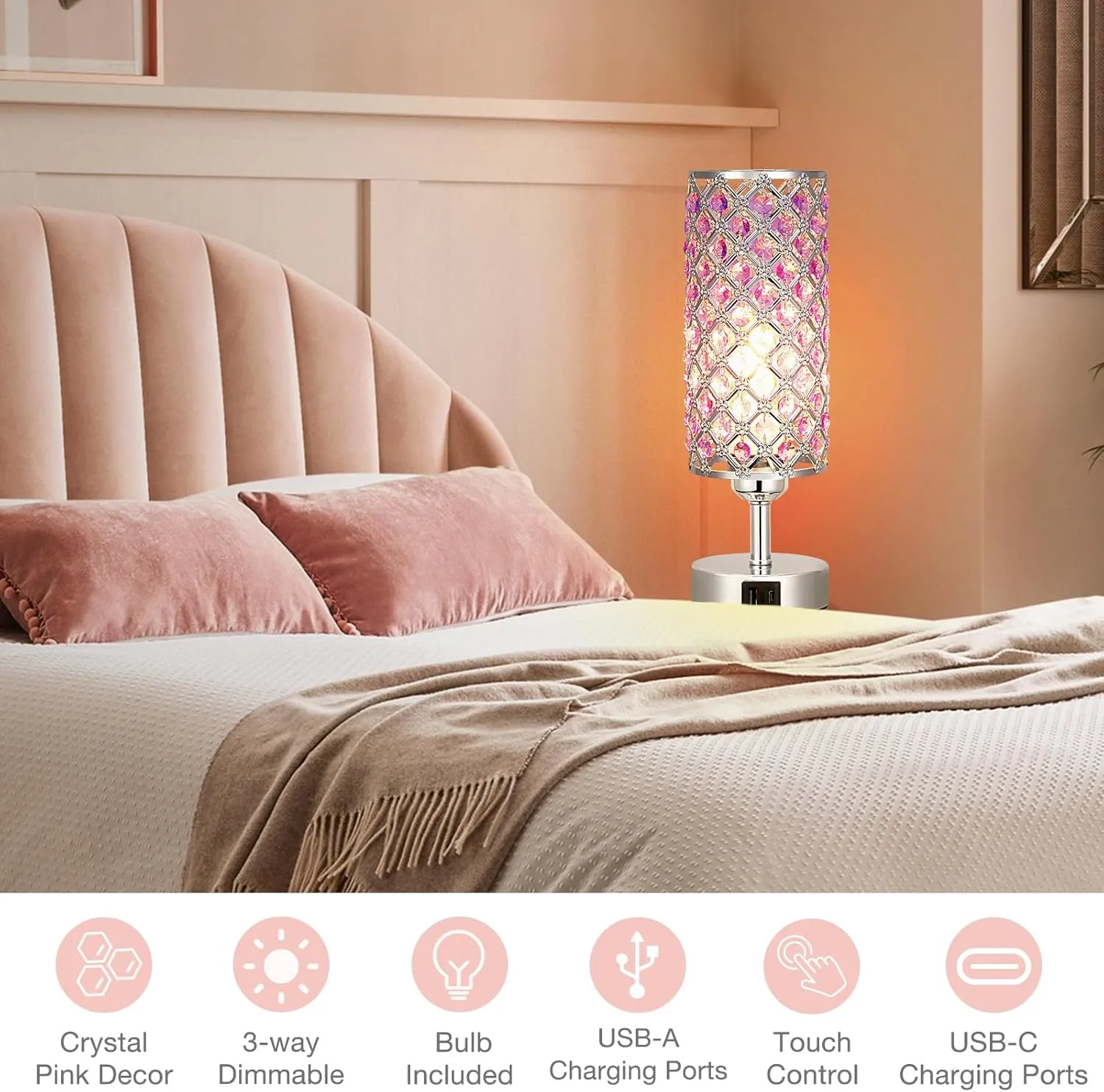 Hong-in Purple Lamp for Girls Room-Crystal Touch Lamp with USB-C A Ports,3 Way Dimmable Bedside Light with Crystal Shade for Bedroom Home Office