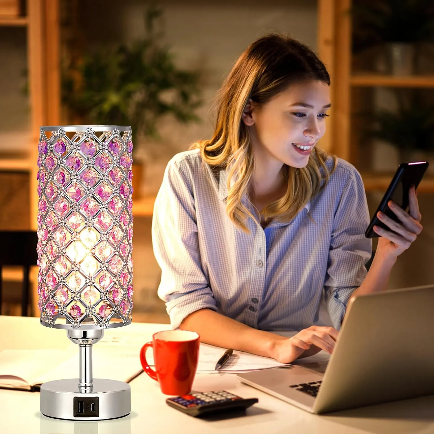 Hong-in Purple Lamp for Girls Room-Crystal Touch Lamp with USB-C A Ports,3 Way Dimmable Bedside Light with Crystal Shade for Bedroom Home Office