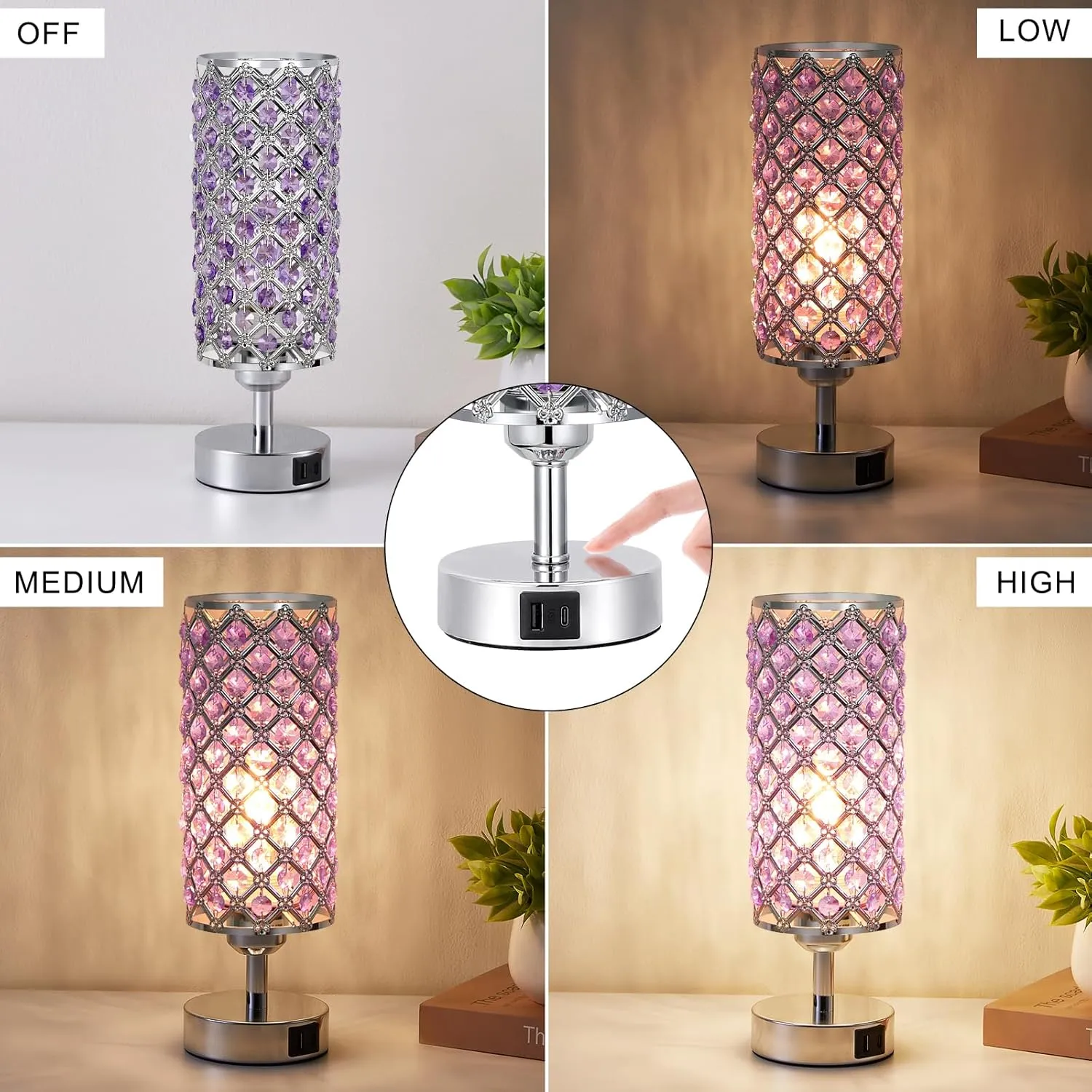 Hong-in Purple Lamp for Girls Room-Crystal Touch Lamp with USB-C A Ports,3 Way Dimmable Bedside Light with Crystal Shade for Bedroom Home Office