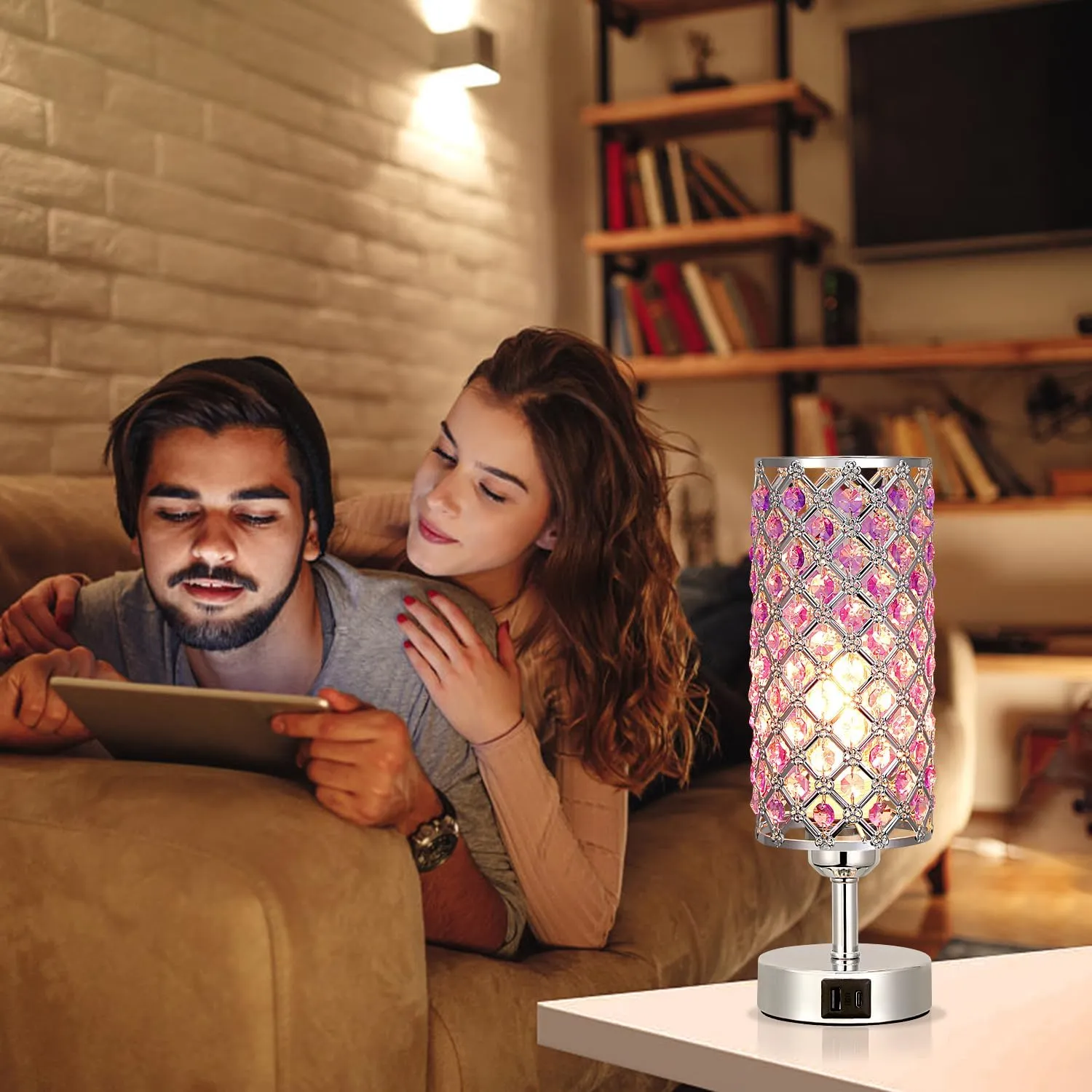 Hong-in Purple Lamp for Girls Room-Crystal Touch Lamp with USB-C A Ports,3 Way Dimmable Bedside Light with Crystal Shade for Bedroom Home Office