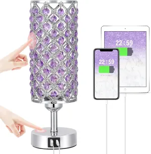 Hong-in Purple Lamp for Girls Room-Crystal Touch Lamp with USB-C A Ports,3 Way Dimmable Bedside Light with Crystal Shade for Bedroom Home Office