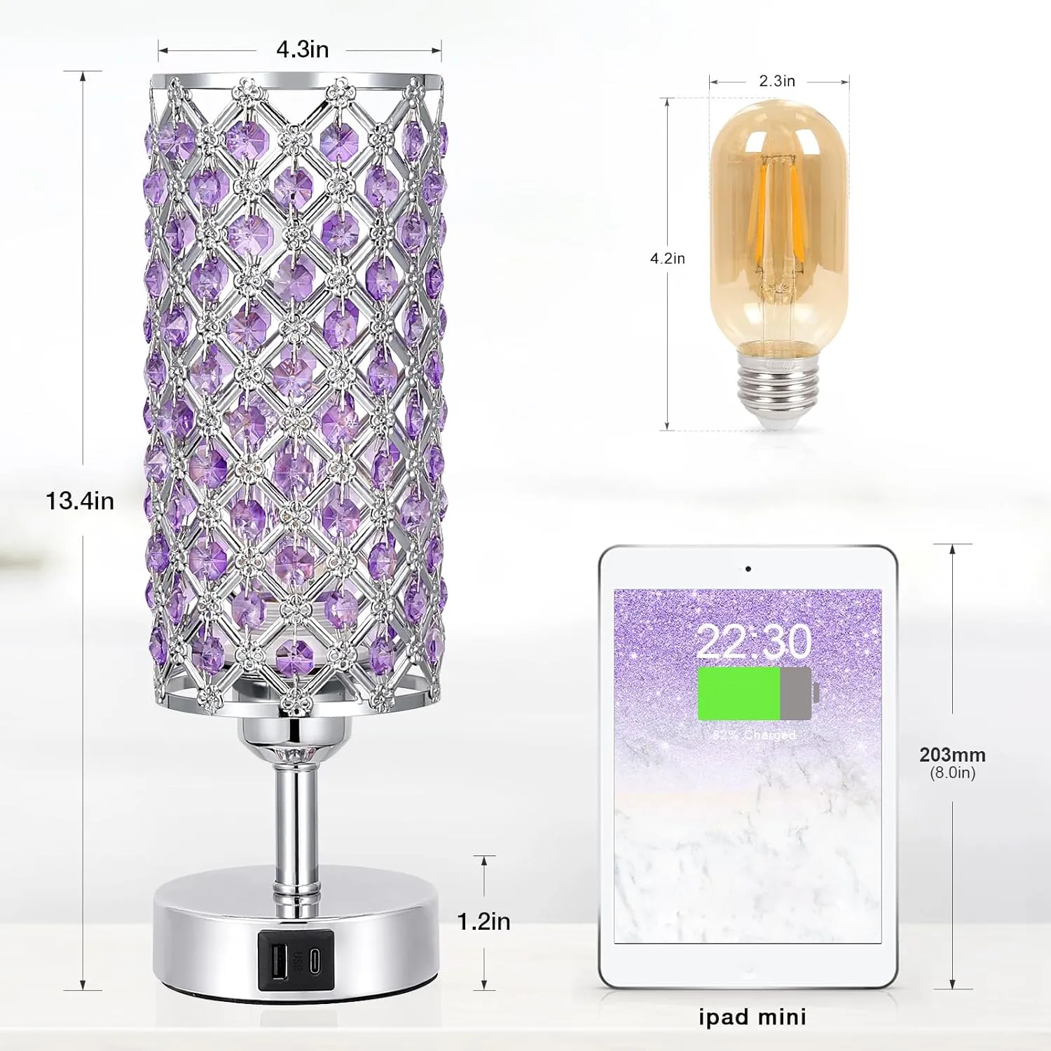Hong-in Purple Lamp for Girls Room-Crystal Touch Lamp with USB-C A Ports,3 Way Dimmable Bedside Light with Crystal Shade for Bedroom Home Office