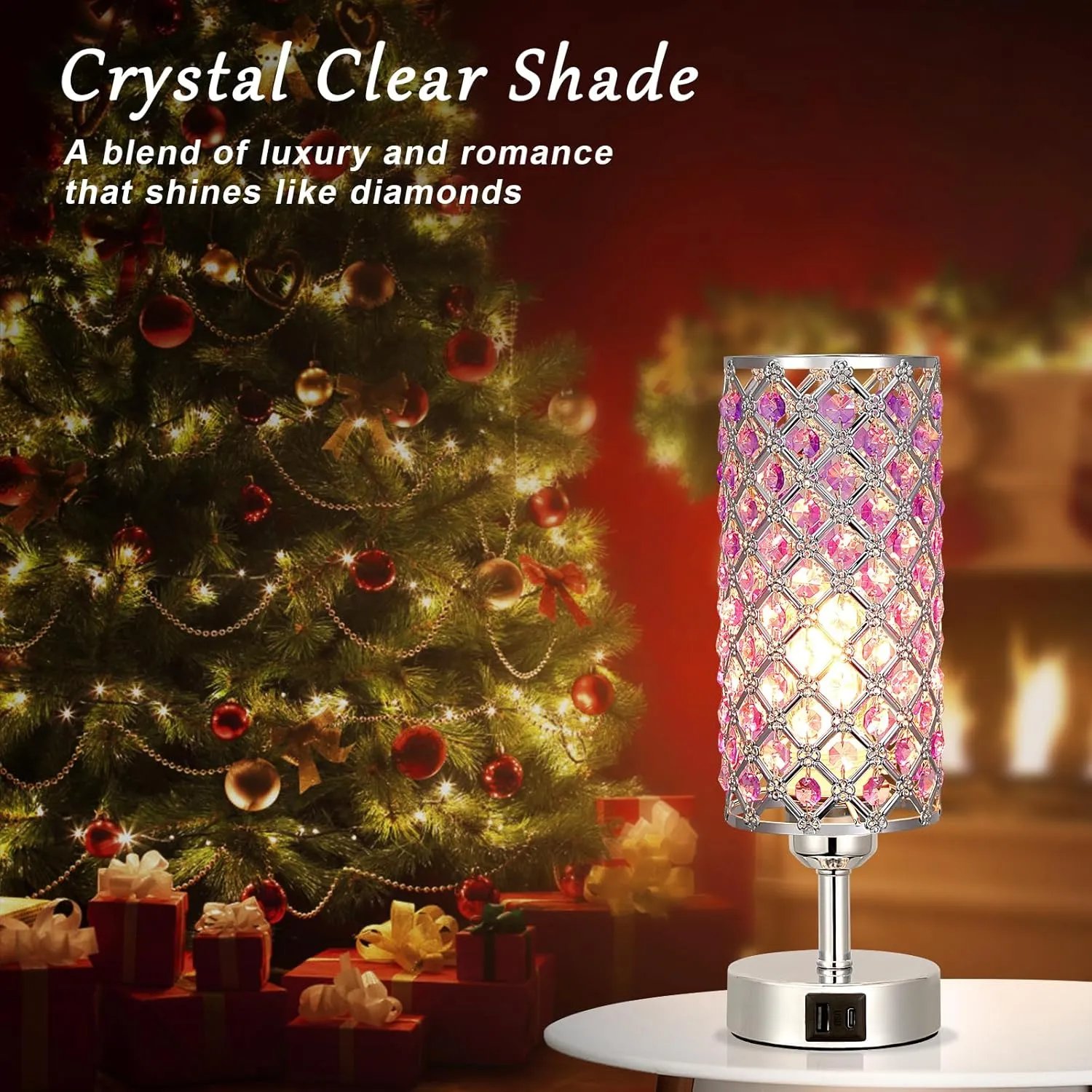 Hong-in Purple Lamp for Girls Room-Crystal Touch Lamp with USB-C A Ports,3 Way Dimmable Bedside Light with Crystal Shade for Bedroom Home Office