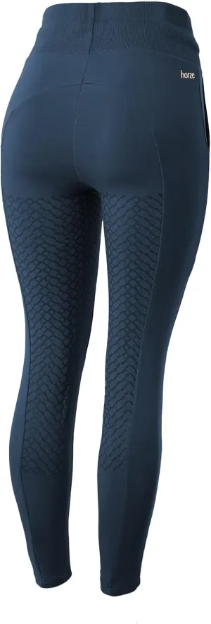 HORZE Remy Women's Sustainable Organic Cotton Silicone Full Seat Riding Tights with Phone Pocket, Drawstring - Obscure Night Dark Blue - 26