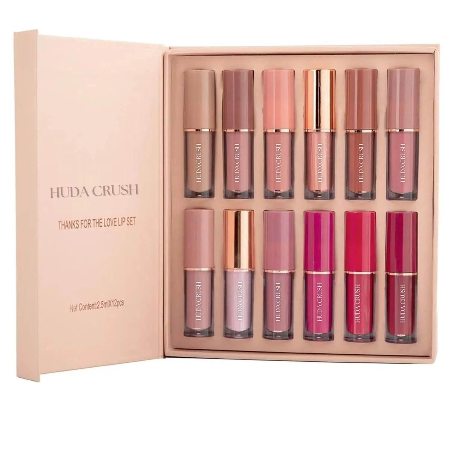 HUDACRUSHI Mini Combo Set - 12Pcs Liquid Waterproof, Long Lasting Matte Finish, Red, Pink, Maroon, Nude, Brown Gift Set for Women - Perfect for Dusky Skin Tone
