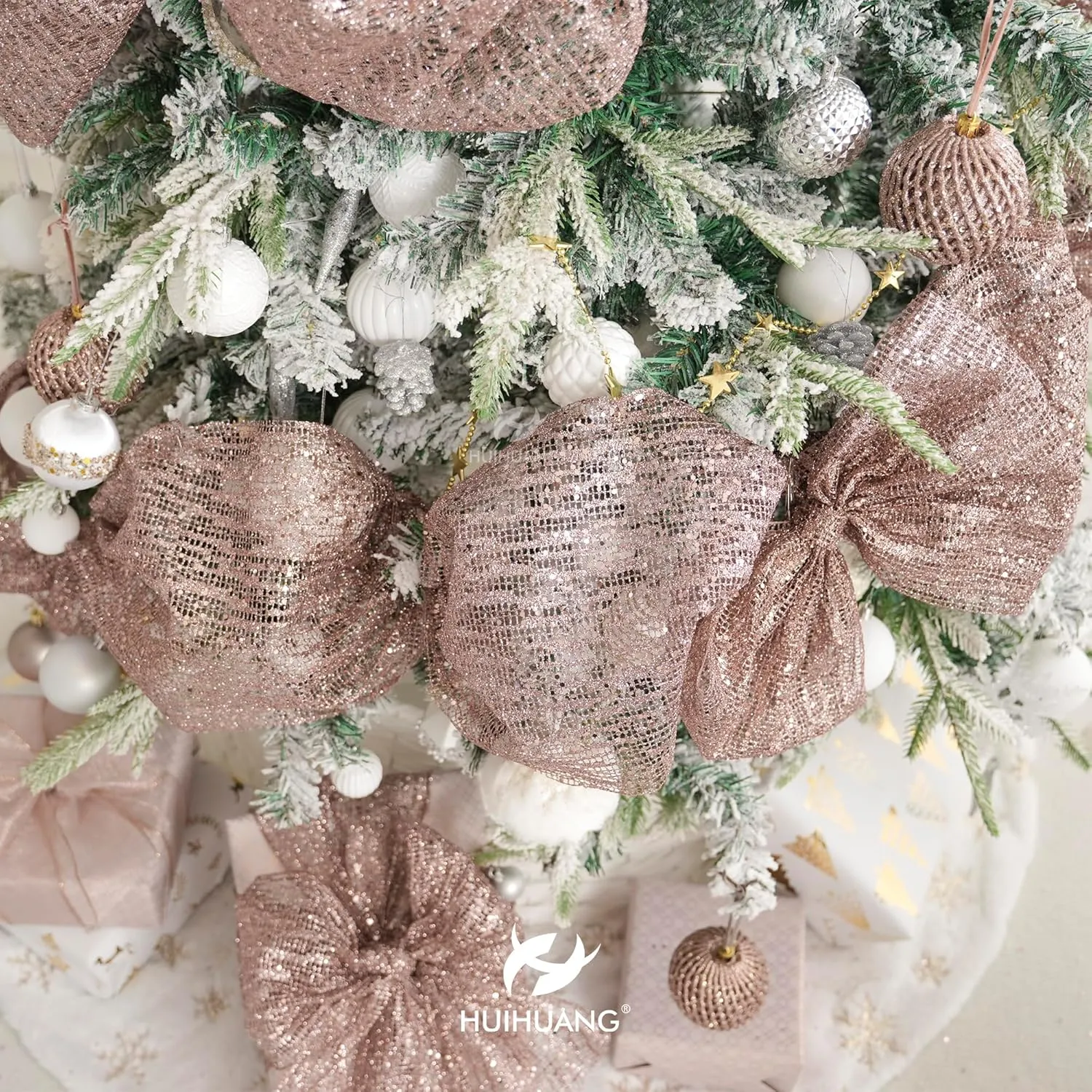 HUIHUANG Rose Gold Mesh Ribbon 10 inch Wide Rose Gold Glitter Christmas Tree Ribbon Mesh Fabric Ribbon for Christmas Tree Decorations, Garlands, Large Bows, Large Box Wrapping- Continuous 10 Yards