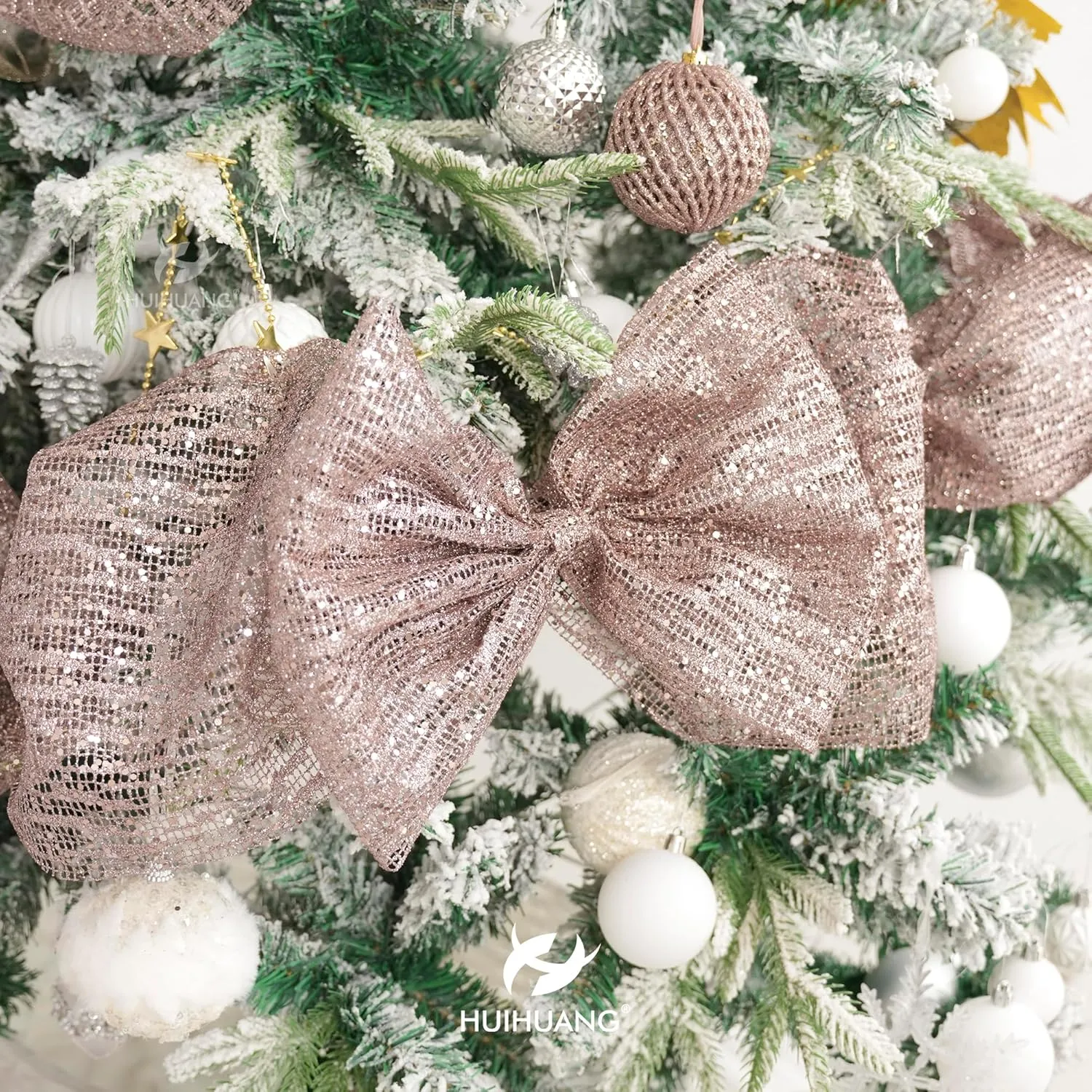 HUIHUANG Rose Gold Mesh Ribbon 10 inch Wide Rose Gold Glitter Christmas Tree Ribbon Mesh Fabric Ribbon for Christmas Tree Decorations, Garlands, Large Bows, Large Box Wrapping- Continuous 10 Yards