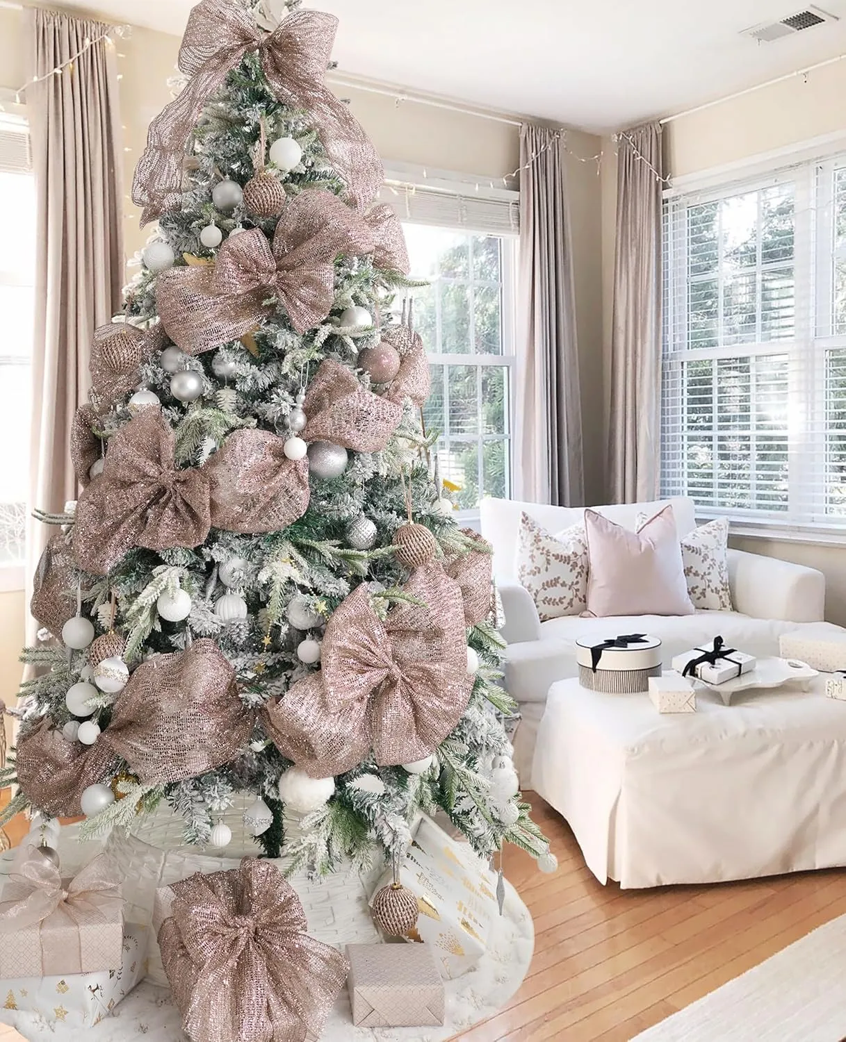 HUIHUANG Rose Gold Mesh Ribbon 10 inch Wide Rose Gold Glitter Christmas Tree Ribbon Mesh Fabric Ribbon for Christmas Tree Decorations, Garlands, Large Bows, Large Box Wrapping- Continuous 10 Yards