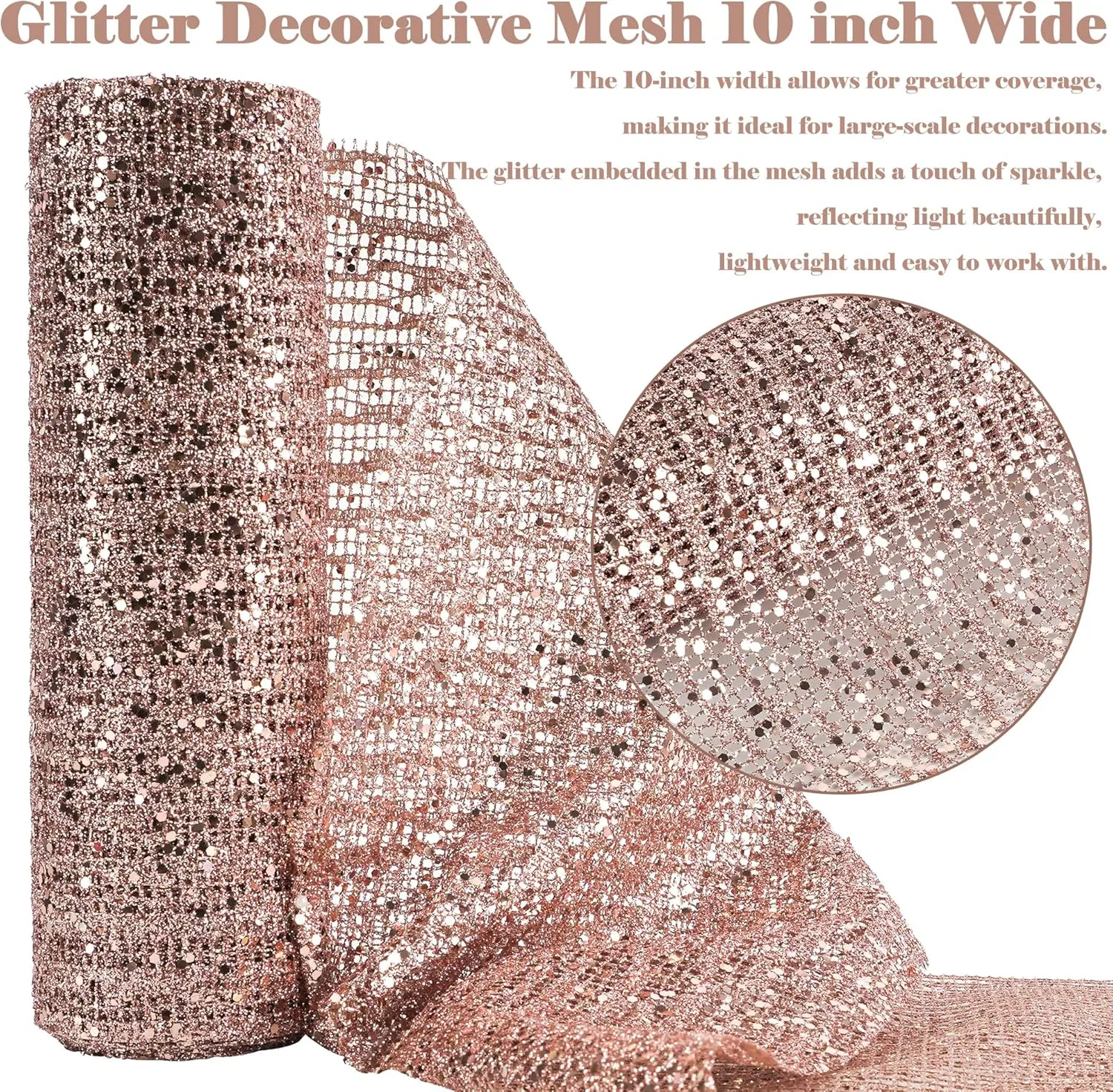HUIHUANG Rose Gold Mesh Ribbon 10 inch Wide Rose Gold Glitter Christmas Tree Ribbon Mesh Fabric Ribbon for Christmas Tree Decorations, Garlands, Large Bows, Large Box Wrapping- Continuous 10 Yards