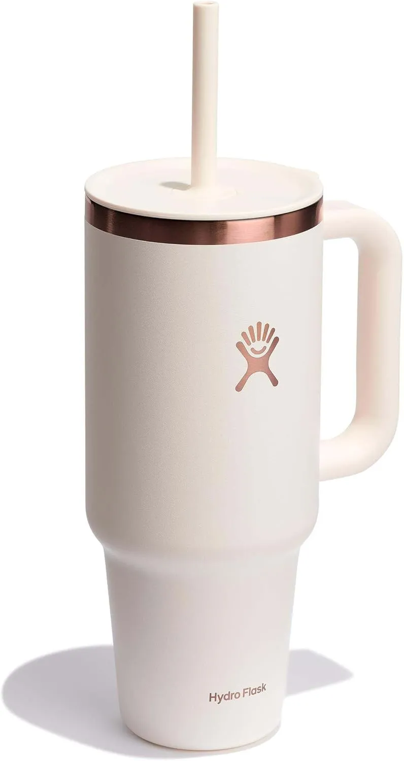 Hydro Flask 40 Oz Travel Tumbler with Handle, Lid and Straw - Insulated Stainless Steel in 40 Oz Ivory Rose Gold