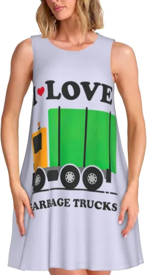 I Love Garbage Trucks Print Casual Women Sleeveless Dress Versatile Round Neck Summer Dresses with Pockets
