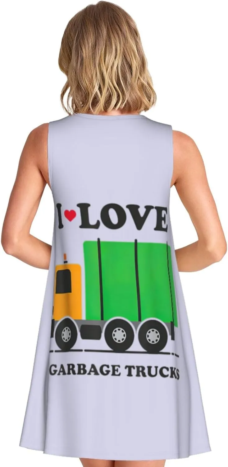 I Love Garbage Trucks Print Casual Women Sleeveless Dress Versatile Round Neck Summer Dresses with Pockets