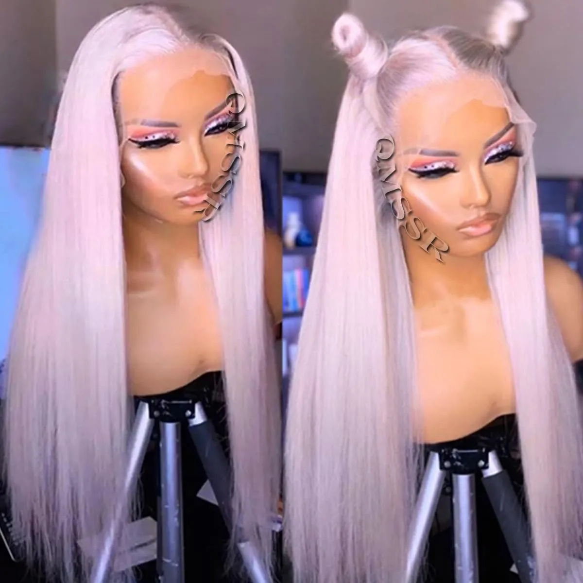 Ice Pink Synthetic Lace Front Wig for Fashion Women Long Straight Light Pink Lace Front Wigs Pre Plucked Heat Resistant Hair Synthetic Lace Wig Natural Hairline